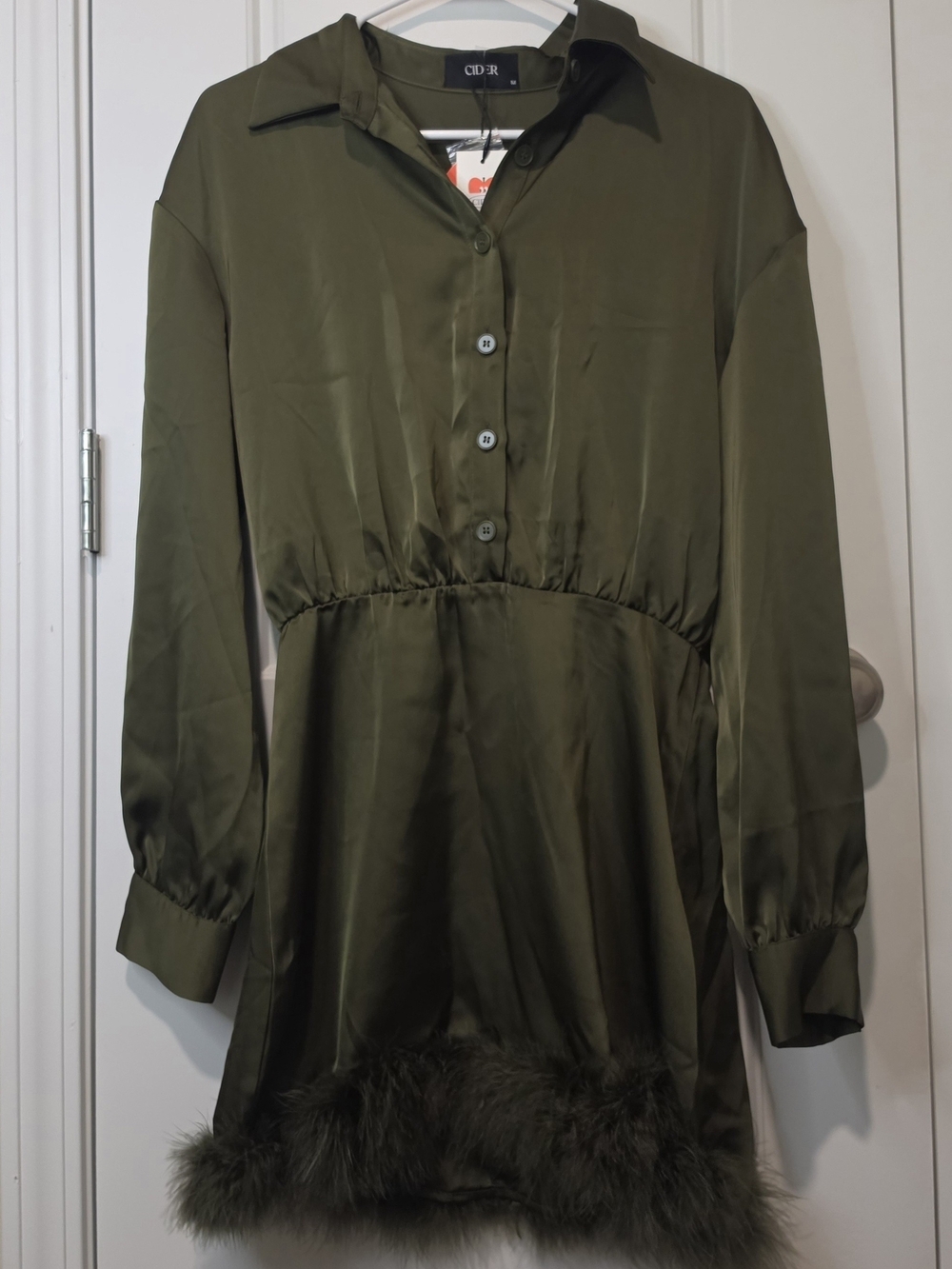 Cider Satin Faux Feather Trim Collar Mini Dress